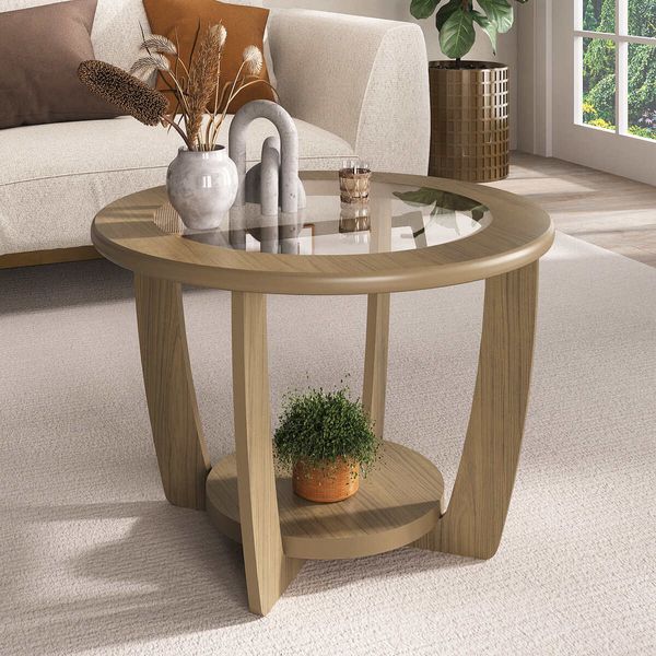 Mesa de Centro Redonda 60cm com Vidro Multimóveis CR45306 Carvalho