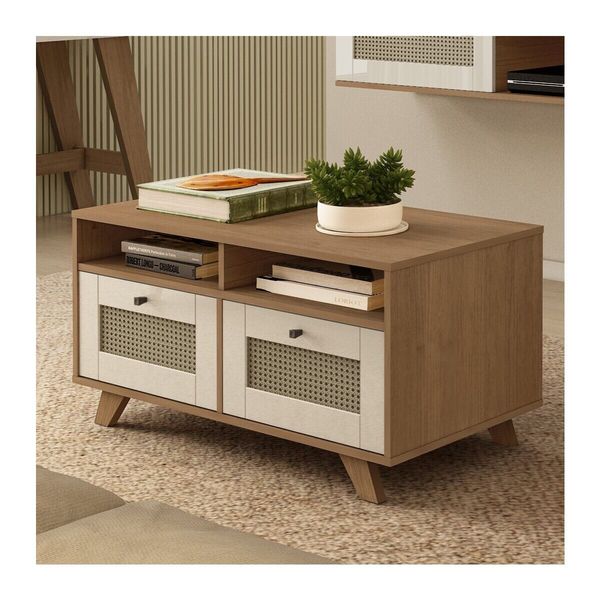 Mesa de Centro Retangular 2 Gavetas 91cm Retrô Multimóveis CR45313 Cinamomo/Off White