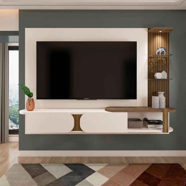 Painel com suporte para TV até 72 Polegadas 2 Portas Multimóveis CR45318 Off White/Pinho Ripado