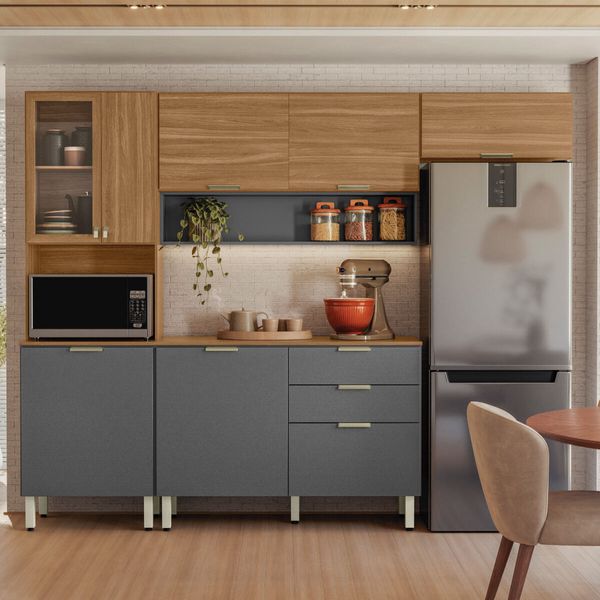 Armário de Cozinha Compacta com Balcão 250cm 4 Pçs Multimóveis CR20467 Amêndola/Grafito Prime TX