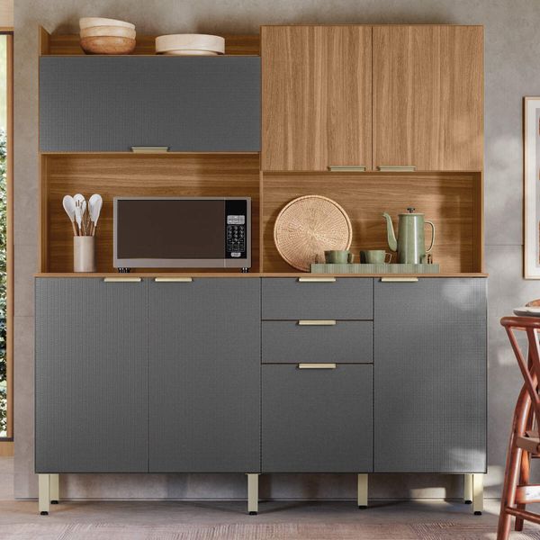 Armário de Cozinha Compacta 178cm Multimóveis CR20470 Amêndola/Grafito Prime TX