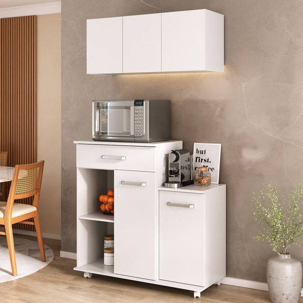 Kit Armário de Cozinha 93cm com Balcão Multiuso para Micro-ondas Multimóveis MP2282 Branco