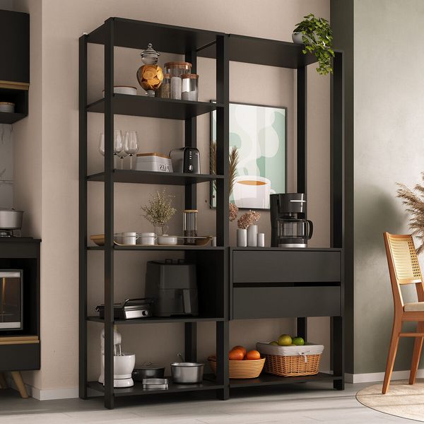 Armário de Cozinha Modulada Compacta 135cm 2 Peças com 2 Gavetas Multimóveis MP2284 Preto