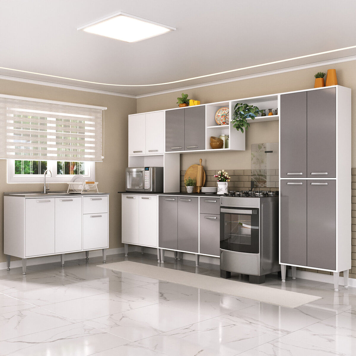 Armário de Cozinha Modulada Completa 6 Pçs com Balcão para Pia