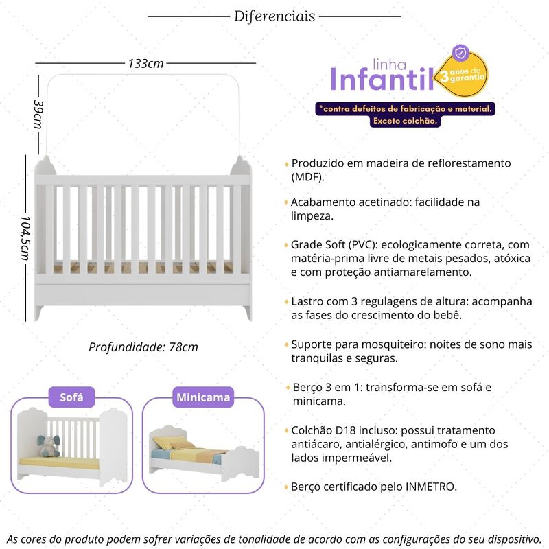 Berço Americano 3 em 1 com Colchão Incluso Nuvem Multimóveis MP4385 Branco-1752252888327
