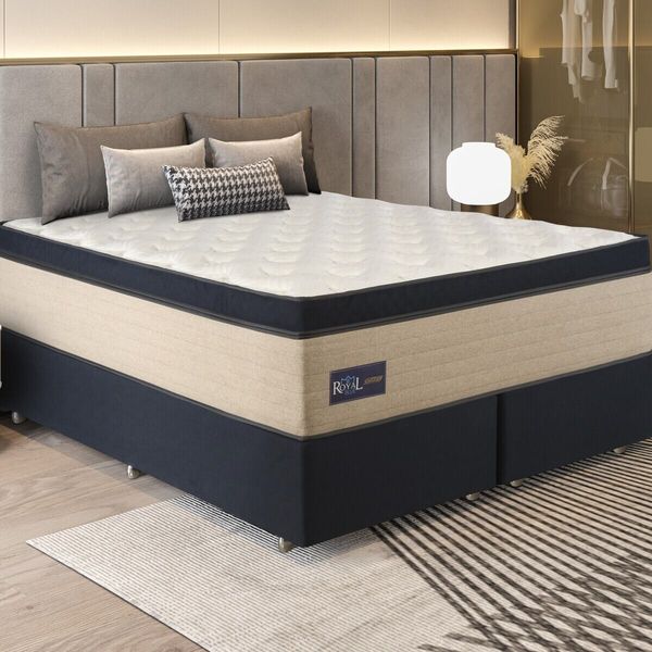 Cama Box Conjugado King com Colchão (193x78x203) Royal Blue Gazin CR35301 Bege/Azul