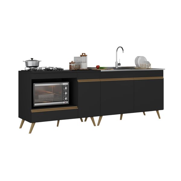 Kit Balcão Cozinha para Cooktop/Forno 105cm e Gabinete Pia 120cm Veneza Multimóveis MP2290 Preto/Dourado