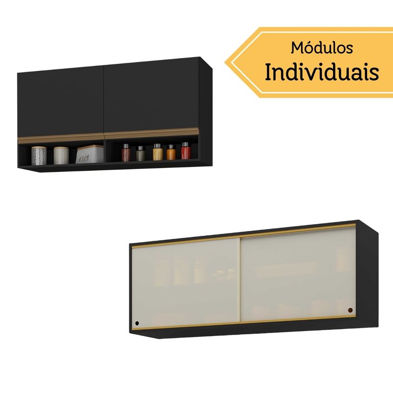 kit-armario-cozinha-aereo-105cm-e-aereo-120cm-com-portas-de-vidro-multimoveis-mp2293-preto-dourado