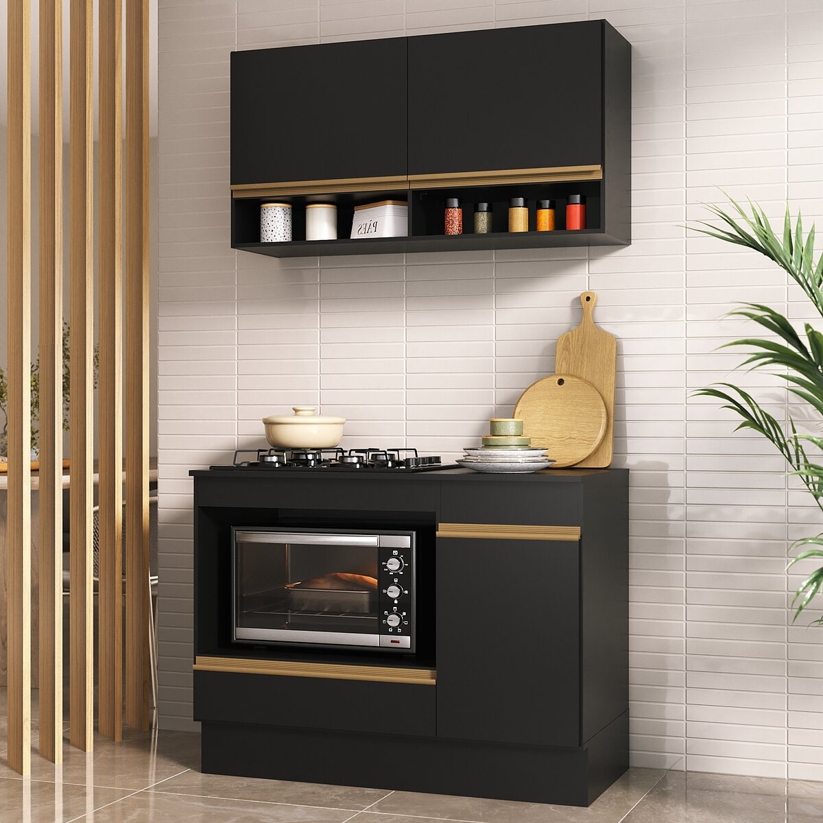 Armário Cozinha Modulada Compacta 105cm com Balcão para Cooktop e Rodapé Veneza Multimóveis MP2294 Preto/Dourado