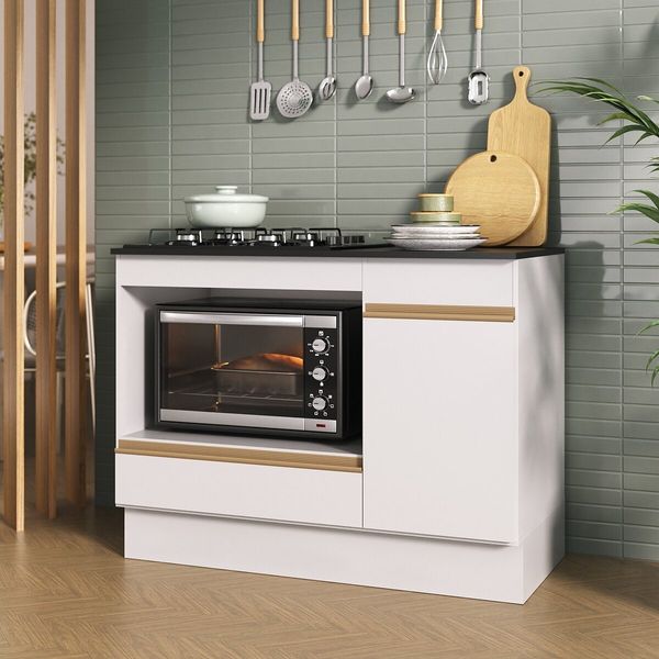 Balcão Cozinha para Cooktop e Forno 105cm 1 Porta 1 Gaveta com Rodapé Veneza Multimóveis MP2295 Branco/Dourado