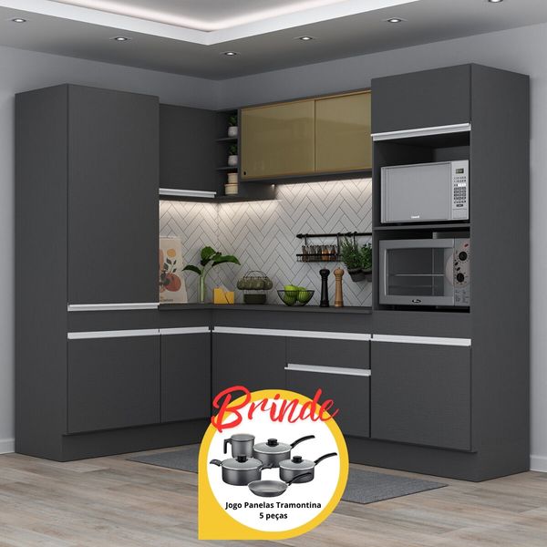 Cozinha Completa de Canto Veneza MP2084 Multimóveis Preto/Branco + Brinde Jogo de Panelas Tramontina
