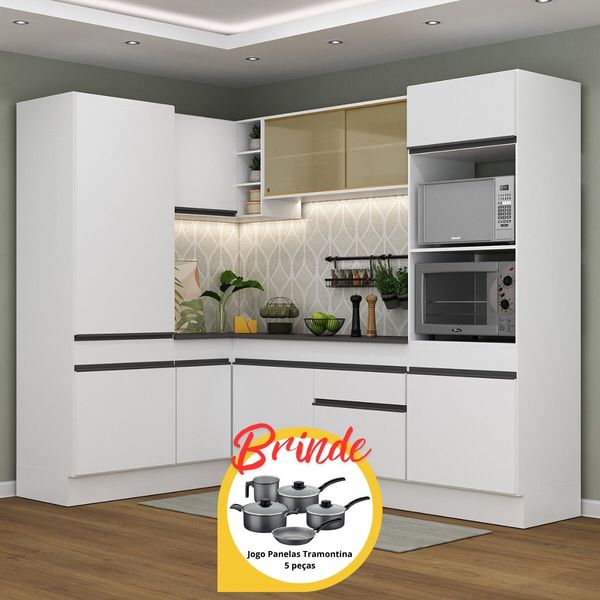 Cozinha Completa de Canto Veneza MP2084 Multimóveis Branco/Preto + Brinde Jogo de Panelas Tramontina