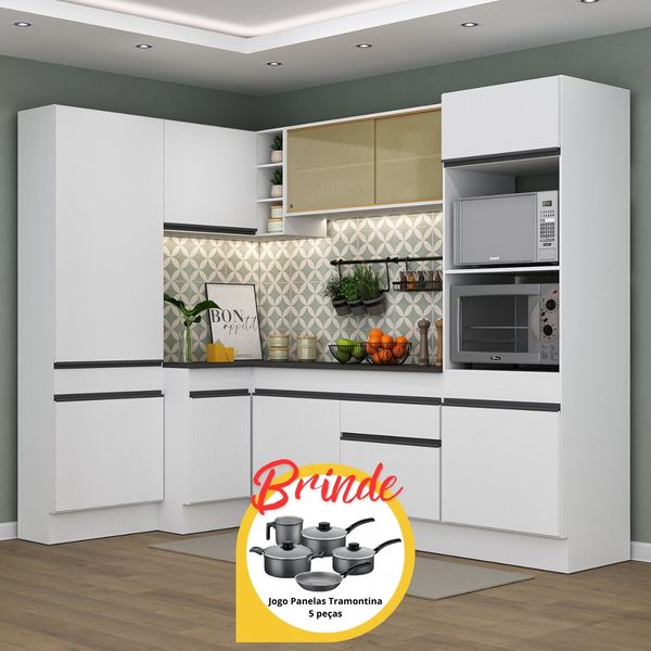 Cozinha Completa de Canto Veneza MP2085 Multimóveis Branco/Preto + Brinde Jogo de Panelas Tramontina