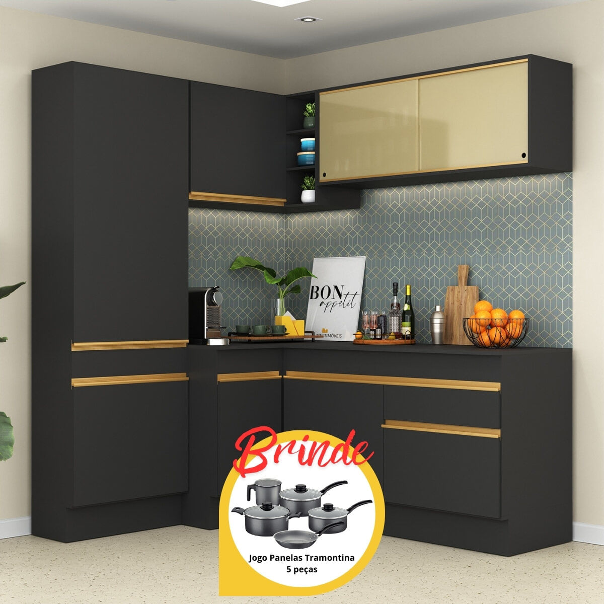 Armário Cozinha Completa Canto Veneza MP2089 Multimóveis Preto +
