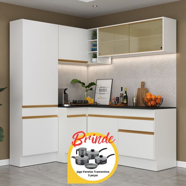 Armário Cozinha Completa Canto Veneza MP2089 Multimóveis Branco + Brinde Jogo de Panelas Tramontina