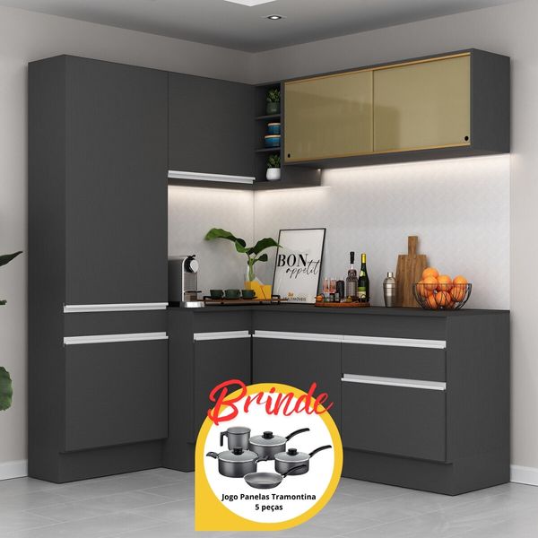 Cozinha Completa de Canto Veneza MP2089 Multimóveis Preto/Branco + Brinde Jogo de Panelas Tramontina