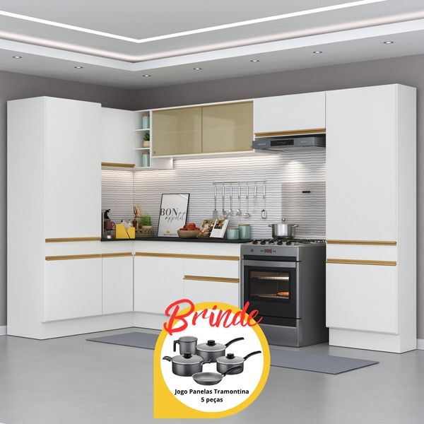 Armário Cozinha Completa Canto Veneza MP2090 Multimóveis Branco + Brinde Jogo de Panelas Tramontina