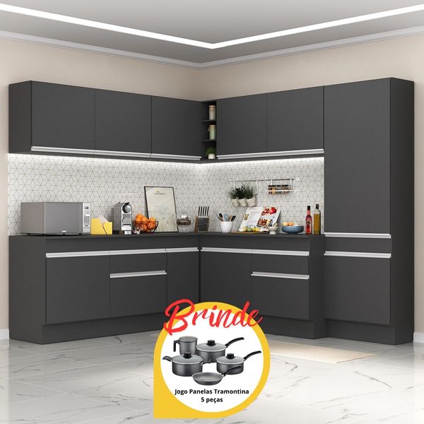 Cozinha Completa de Canto Veneza MP2102 Multimóveis Preto/Branco + Brinde Jogo de Panelas Tramontina