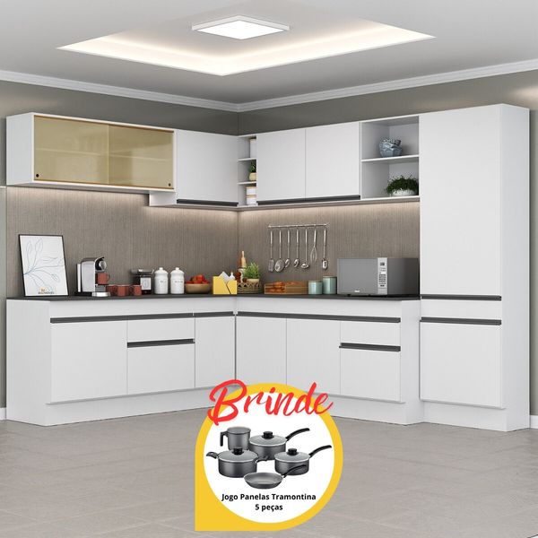 Cozinha Completa Canto Veneza MP2100 Multimóveis Branco/Preto + Brinde Jogo de Panelas Tramontina