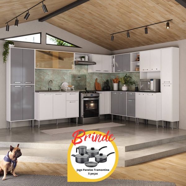 Cozinha Modulada Completa 10 Pçs Siena MP2242 Multimóveis + Brinde Jogo de Panelas Tramontina Branco/Lacca Fumê