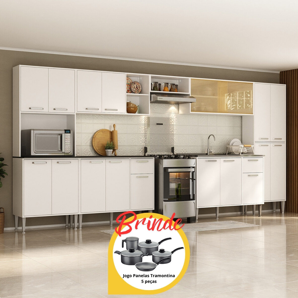 Cozinha Modulada Completa com Balcão para Pia MP2279 Multimóveis + Brinde  Jogo de Panelas Tramontina Branco - Multimóveis, image size:1200x1200