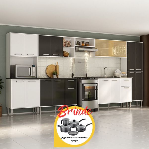 Cozinha Modulada Completa com Balcão para Pia MP2279 Multimóveis + Brinde Jogo de Panelas Tramontina Branco/Preto
