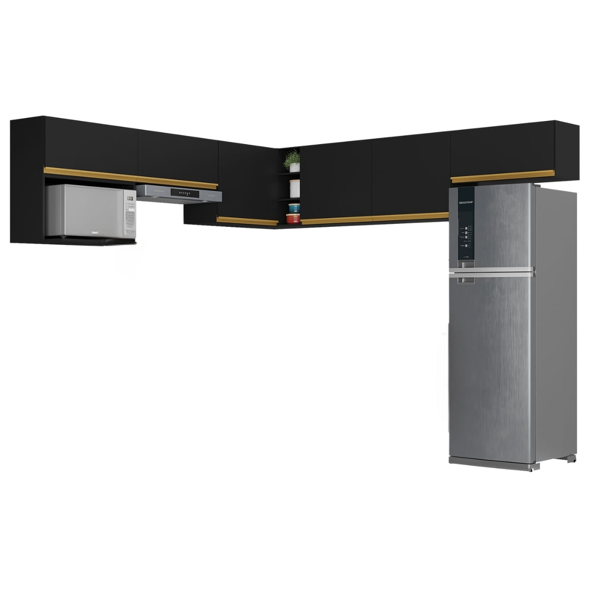 Kit Armário Cozinha Modulada Aéreo Canto 230cm 6 Peças Veneza Multimóveis MP2296 Preto/Dourado