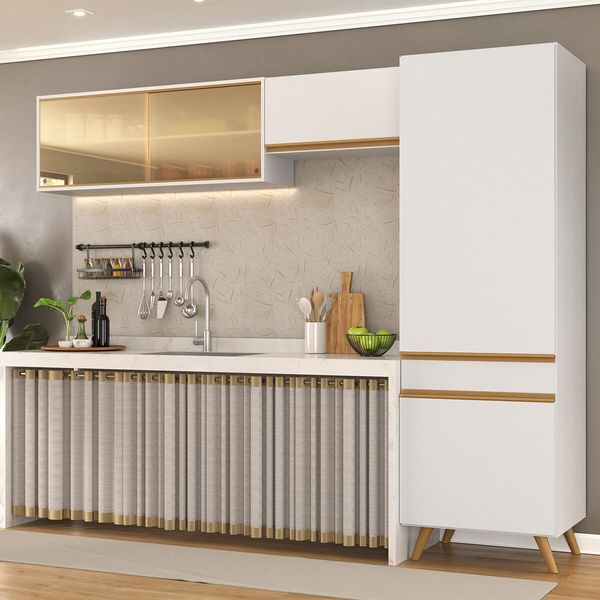 Armário Cozinha Modulada Compacta com Vidros 252cm 3 Peças Veneza Multimóveis MP2300 Branco/Dourado