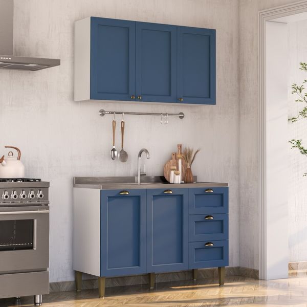 Armário de Cozinha Modulada Áurea 120cm com Balcão para Pia Multimóveis CR20492 Branco/Azul