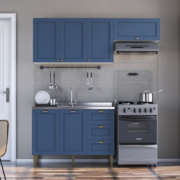 Armário de Cozinha Modulada Áurea 190cm com Balcão para Pia Multimóveis CR20493 Branco/Azul