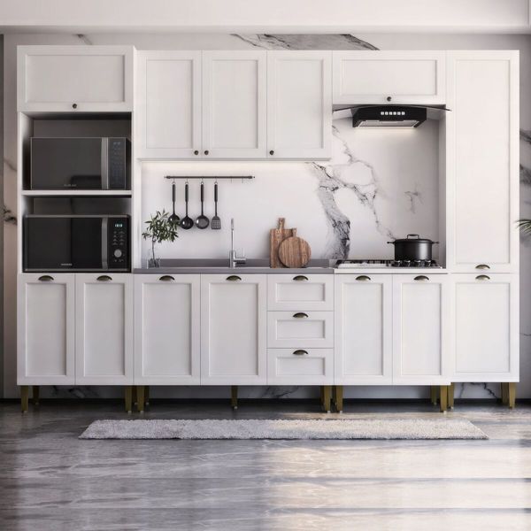 Armário Cozinha Americana Modulada Completa 305cm com Balcão Multimóveis CR20496 Branco