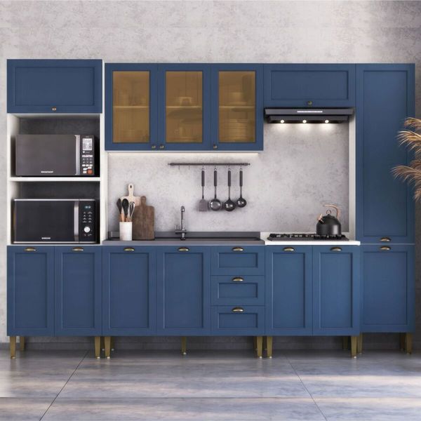 Armário Cozinha Americana Modulada Completa 305cm com Vidros Multimóveis CR20497 Branco/Azul