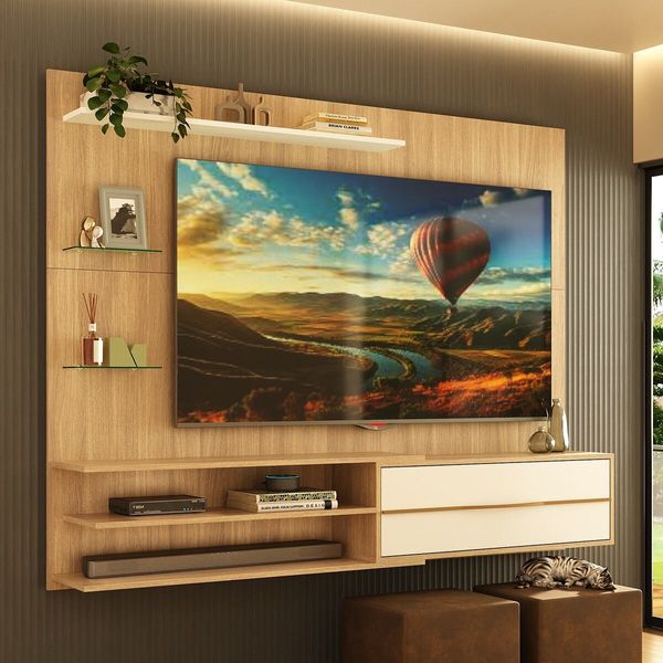 Painel para TV até 65 Polegadas 1 Porta e Prateleiras Multimóveis MP1064 Rustic/Branco