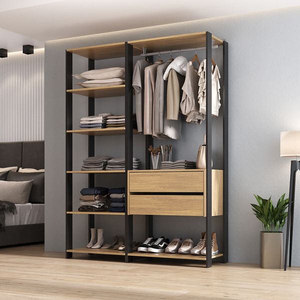 Closet Aberto Modulado Arara Organizadora com Cabideiro 135cm Allegra Multimóveis MP4389 Preto/Madeirado