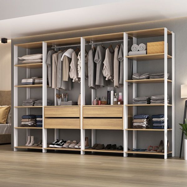 Closet Aberto Modulado Arara Organizadora  com Cabideiro 270cm Allegra Multimóveis MP4390 Branco/Madeirado