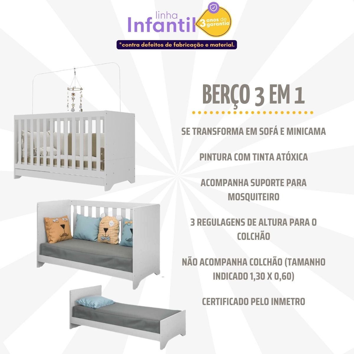 Encontraproduto.com.br - Kit Berço para Gêmeos 3 em 1 para Colchão 60x130cm Multimóveis MP4392 Branco