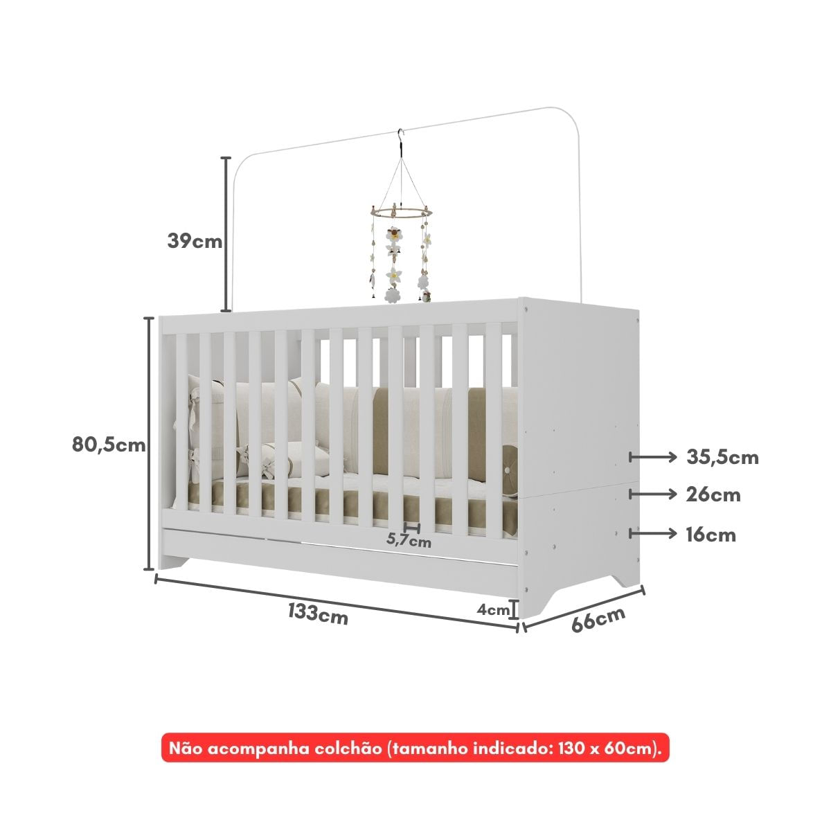 Encontraproduto.com.br - Kit Berço para Gêmeos 3 em 1 para Colchão 60x130cm Multimóveis MP4392 Branco