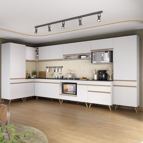 Armário de Cozinha Modulada Completa Canto 409cm com Balcão para Cooktop Veneza Multimóveis MP2303 Branco/Dourado