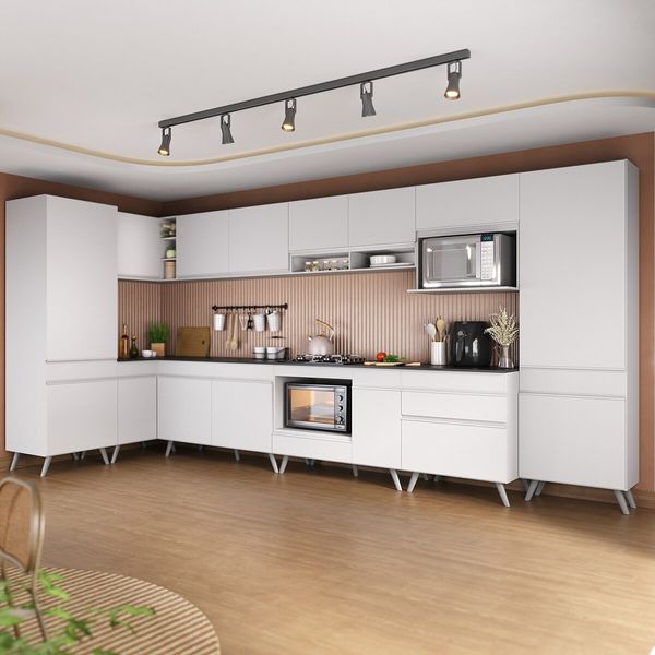 Armário de Cozinha Modulada Completa Canto 409cm com Balcão para Cooktop Veneza Multimóveis MP2303 Branco