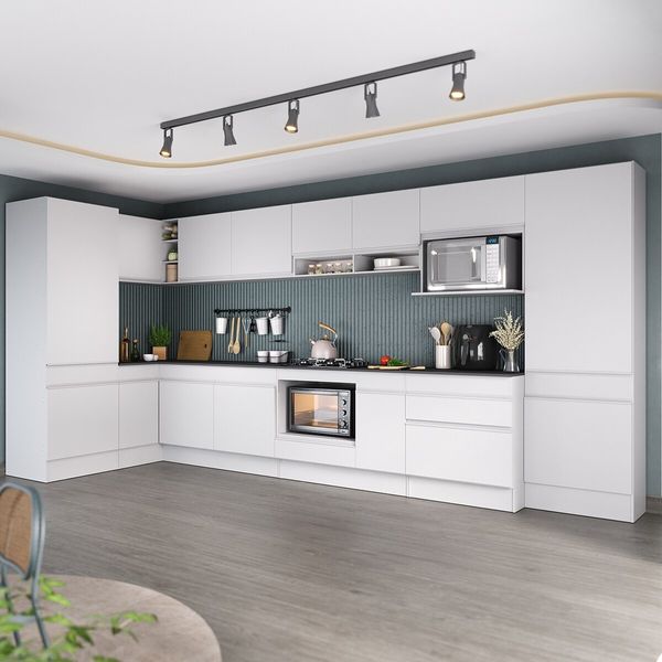 Cozinha Modulada Completa Canto 409cm com Rodapé e Balcão para Cooktop Veneza Multimóveis MP2304 Branco