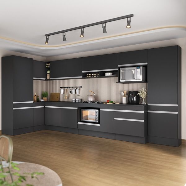 Cozinha Modulada Completa Canto 409cm com Rodapé e Balcão para Cooktop Veneza Multimóveis MP2304 Preto/Branco