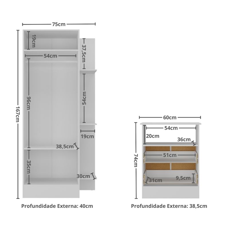 Guarda-Roupas 2 Portas com Cômoda 2 Gavetas Multimóveis MP4264 Branco-1758906614244