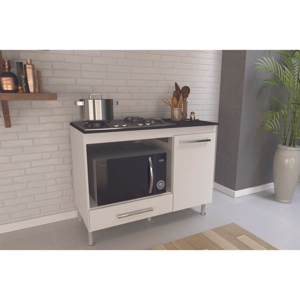 Balcão de Cozinha para Cooktop/Forno 105cm com Tampo 1 Porta 1 Gaveta Multimóveis CR20498 Branco/Preto