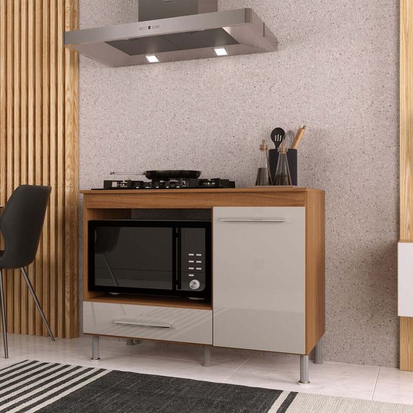 Balcão de Cozinha para Cooktop/Forno 105cm com Tampo 1 Porta 1 Gaveta Multimóveis CR20498 Freijó/Off White