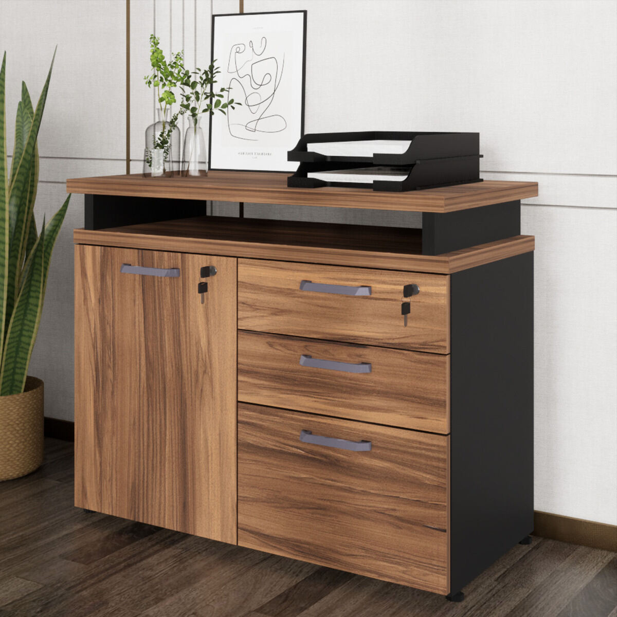 Balcão de Escritório Extensível 90cm 1 Porta com Chave 3 Gavetas