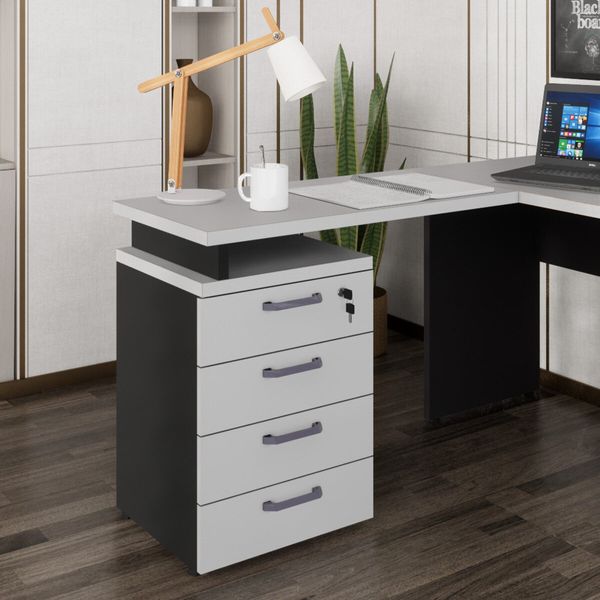 Gaveteiro de Escritório com Tampo Auxiliar 90cm com Chave 4 Gavetas Multimóveis CR25300 Cinza/Preto