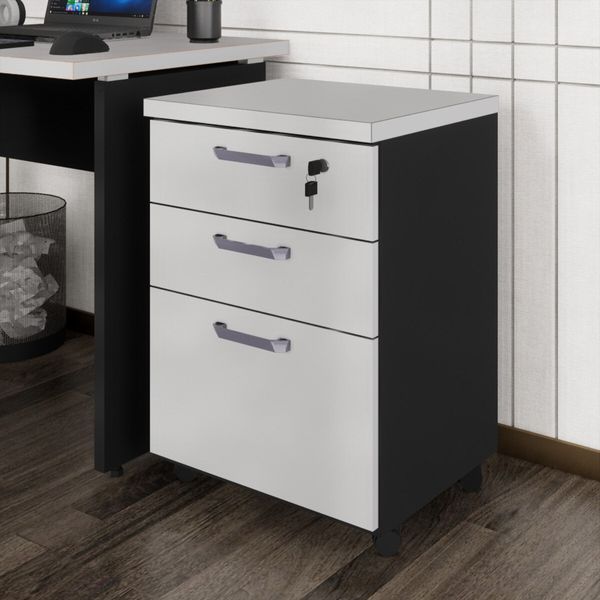 Gaveteiro de Escritório 46cm com Chave 3 Gavetas e Rodízios Multimóveis CR25302 Cinza/Preto