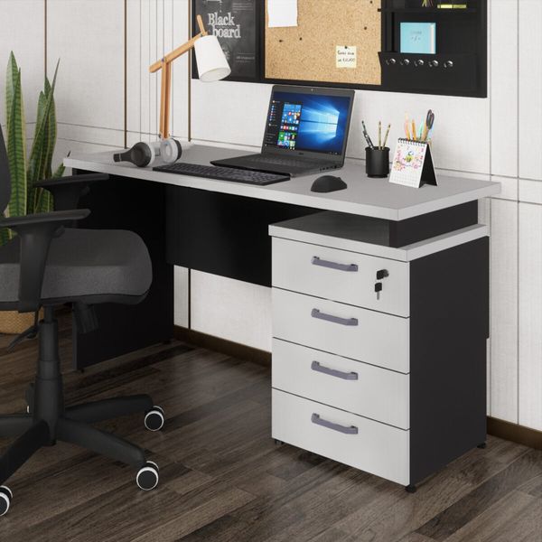 Escrivaninha Mesa Escritório 135cm 4 Gavetas Flex Multimóveis CR25314 Cinza/Preto