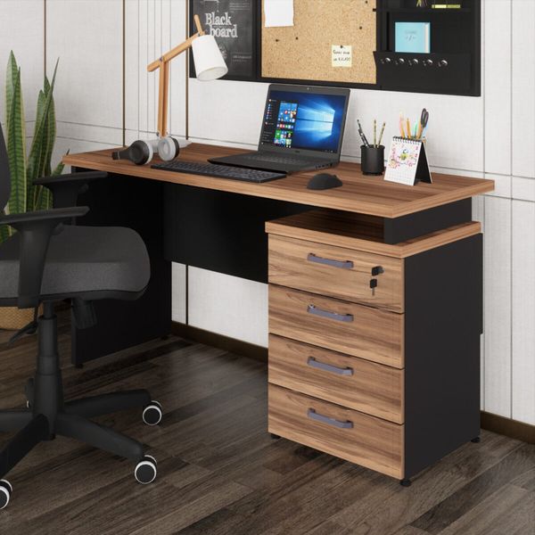 Escrivaninha Mesa Escritório 135cm 4 Gavetas Flex Multimóveis CR25314 Sevilha/Preto