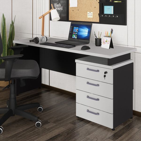 Escrivaninha Mesa Escritório 150cm 4 Gavetas Flex Multimóveis CR25317 Cinza/Preto